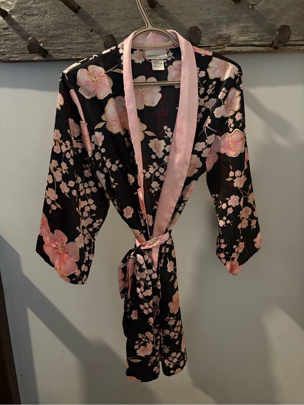 Premier Black Satin Floral Kimono Robe with Pink Trim